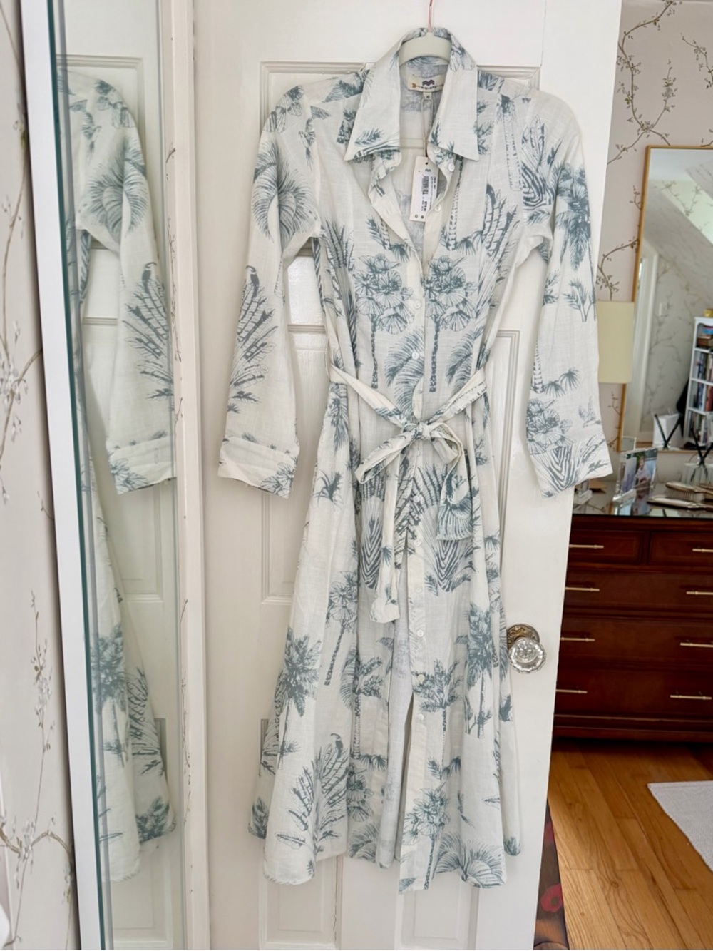 Women's White/Ivory Linen Midi Shirt Dress with Blue Palm Print